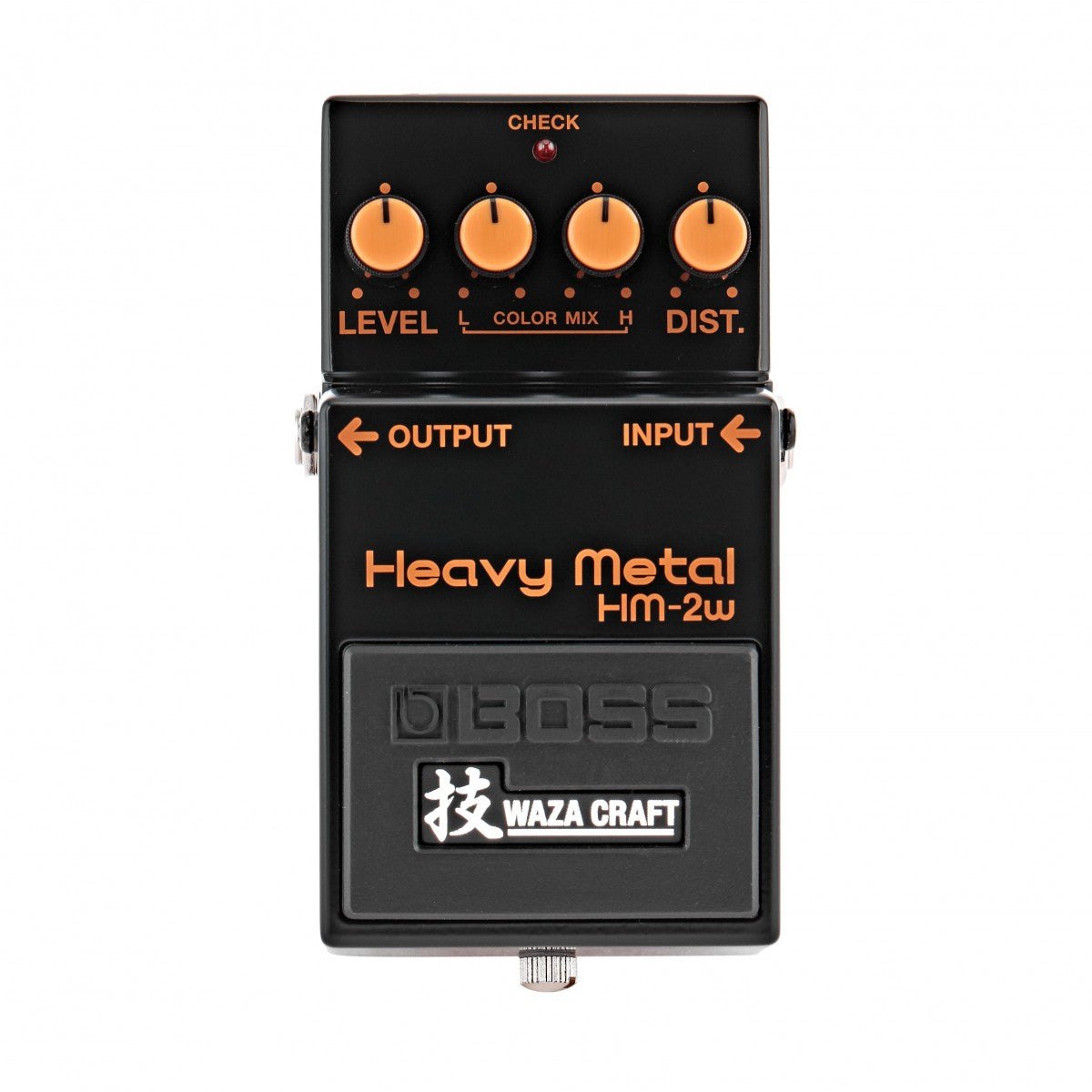 Phơ Distortion BOSS HM-2W Heavy Metal Waza Craft – mặt trên với núm LEVEL, COLOR MIX (L/H), DIST và logo Waza Craft