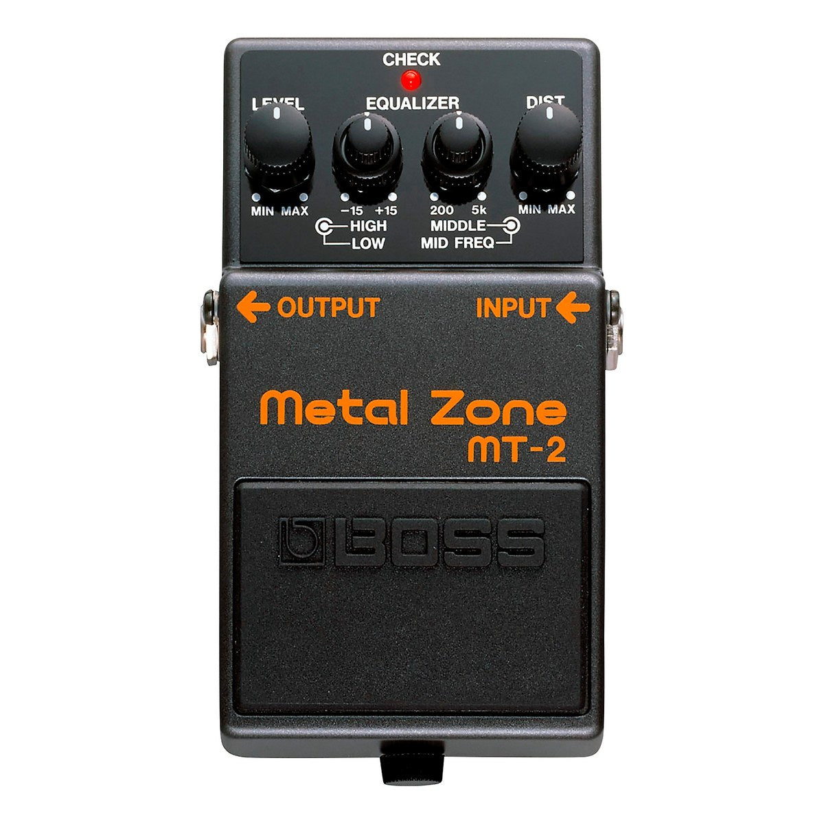 Phơ Distortion BOSS MT-2 Metal Zone – mặt trên Boss MT-2 Metal Zone với núm LEVEL, EQ HIGH/LOW, MIDDLE/MID FREQ, DIST