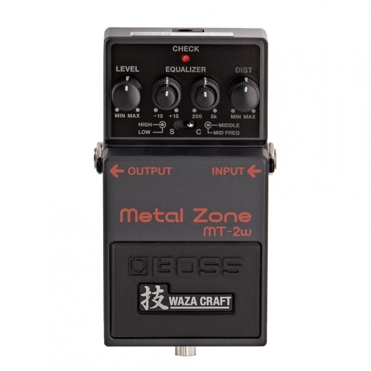 Phơ Distortion BOSS MT-2W Metal Zone Waza Craft – mặt trên với núm LEVEL, EQUALIZER, DIST và công tắc S/C