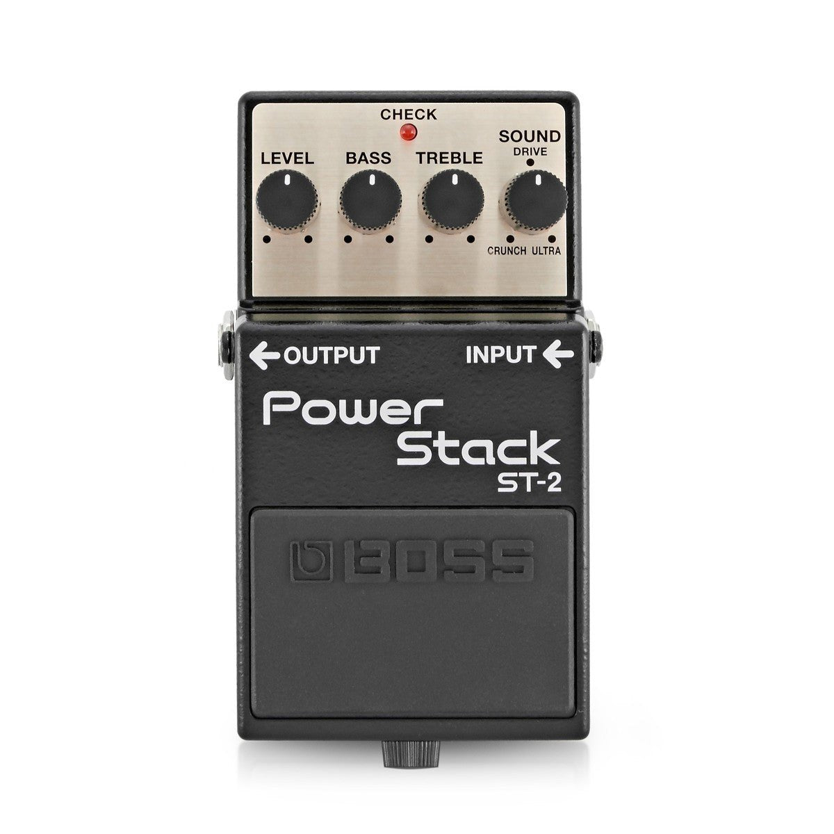 Phơ Distortion BOSS ST-2 Power Stack – mặt trên với 4 núm LEVEL, BASS, TREBLE, SOUND và đèn CHECK