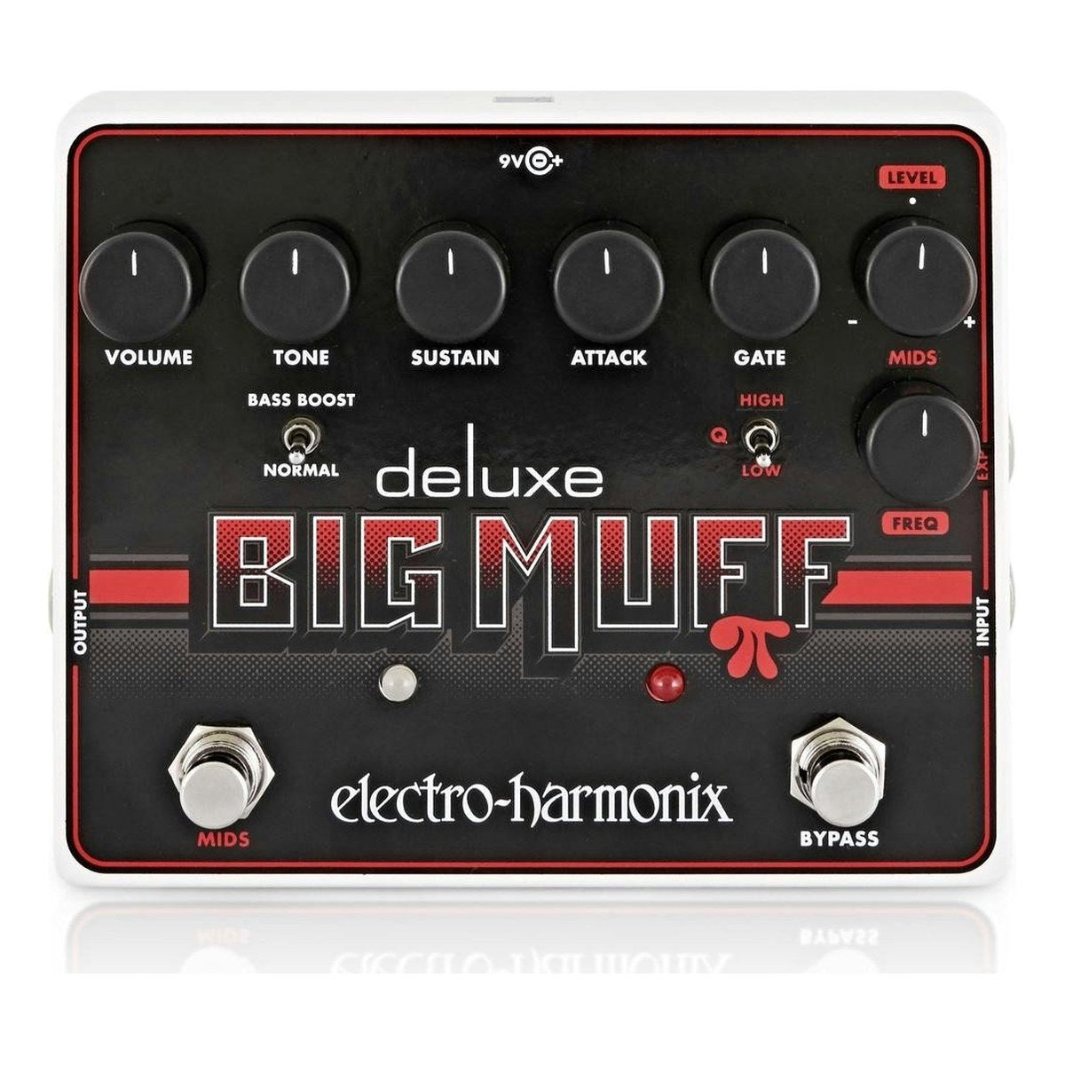 Chính diện Electro-Harmonix Deluxe Big Muff Pi với 7 núm, công tắc BASS BOOST, Q và hai footswitch MIDS, BYPASS