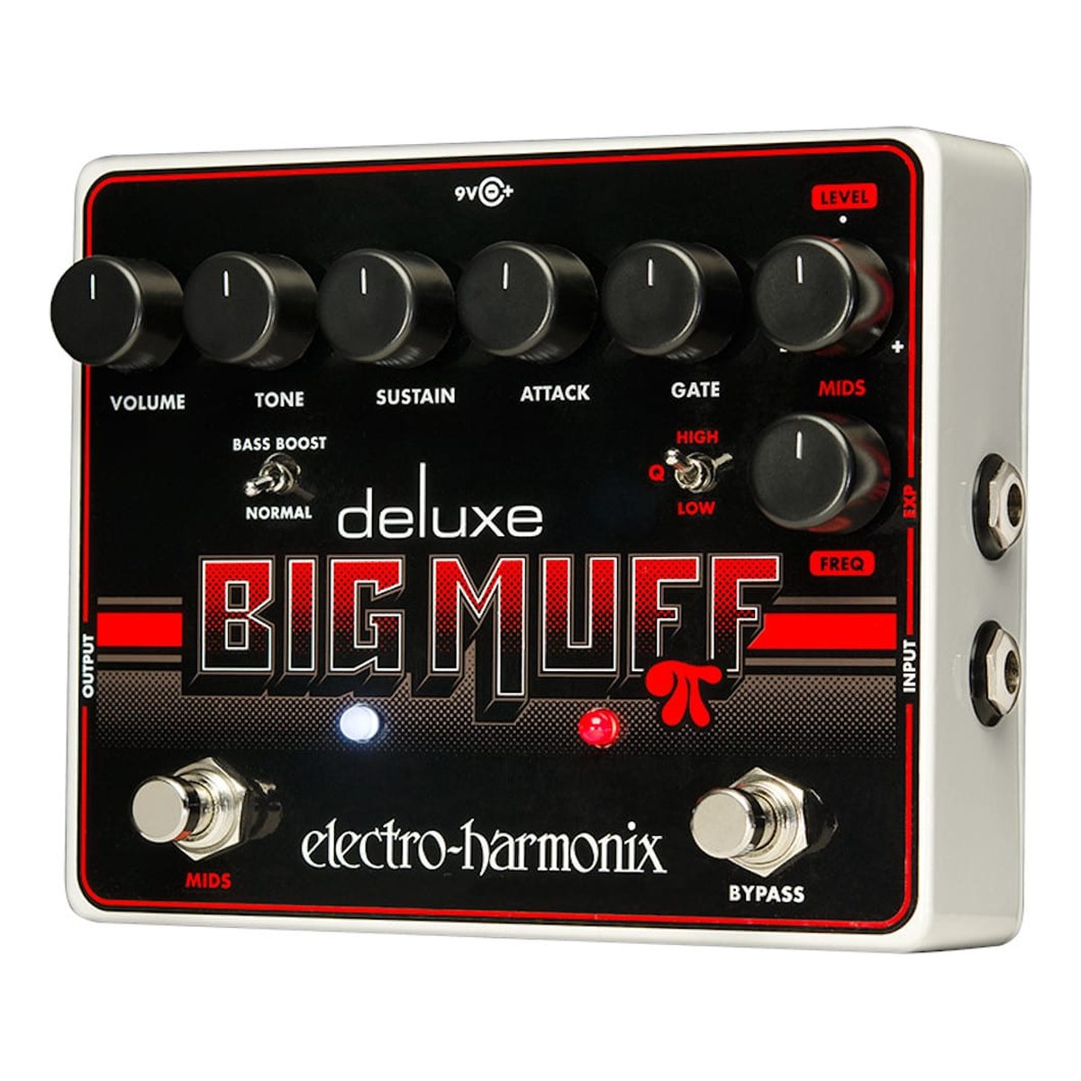 Electro-Harmonix Deluxe Big Muff Pi nhìn hơi nghiêng, đèn MIDS trắng và đèn BYPASS đỏ đang sáng