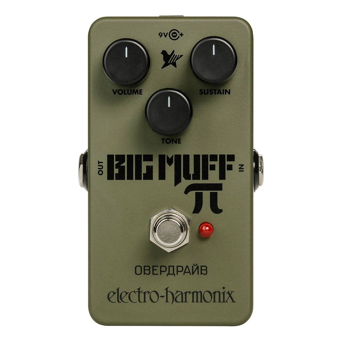 Chính diện Electro-Harmonix Green Russian Big Muff Pi với 3 núm VOLUME, SUSTAIN, TONE và chữ ОВЕРДРАЙВ