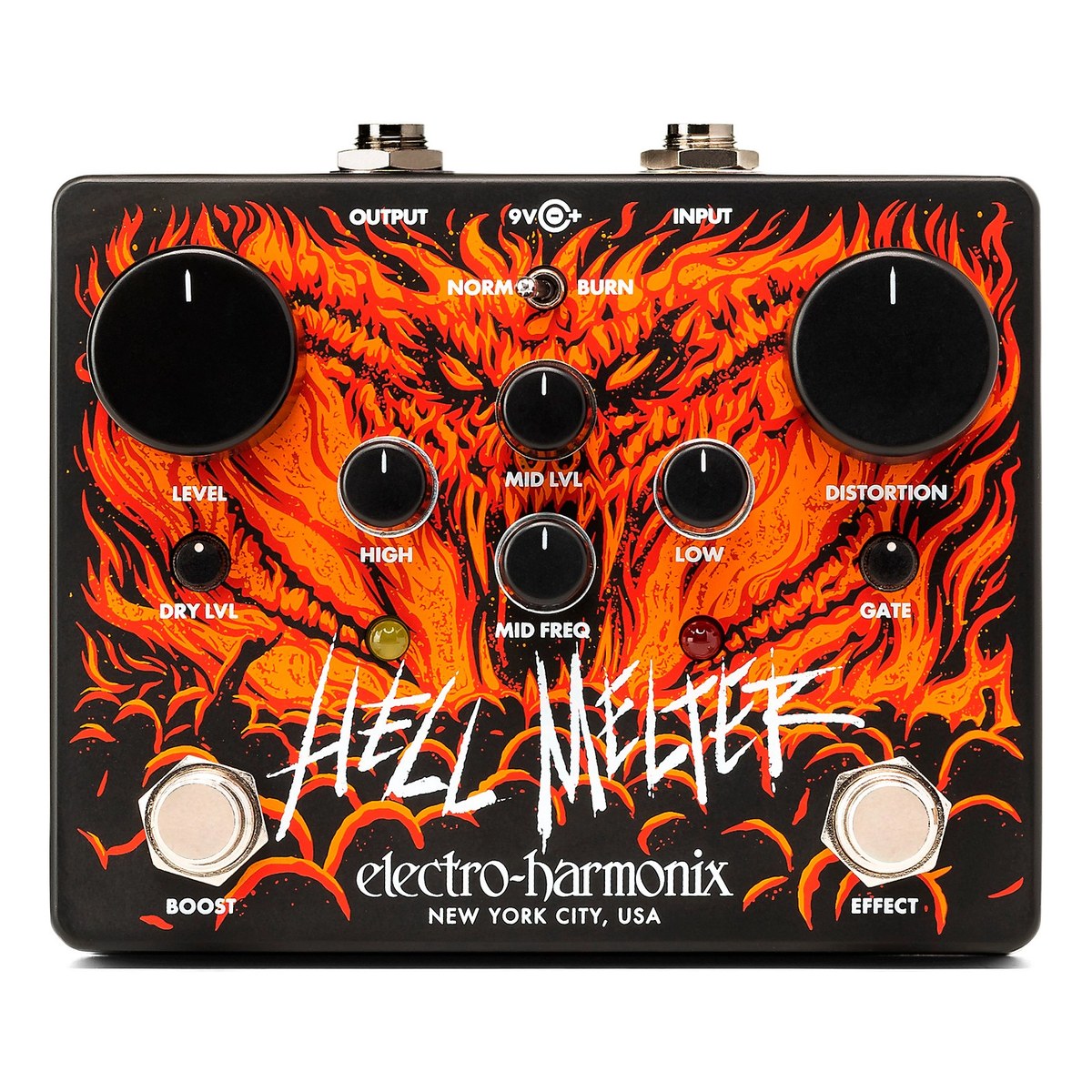 Chính diện Electro-Harmonix Hell Melter với núm LEVEL, DISTORTION, EQ, công tắc NORM/BURN và hai footswitch