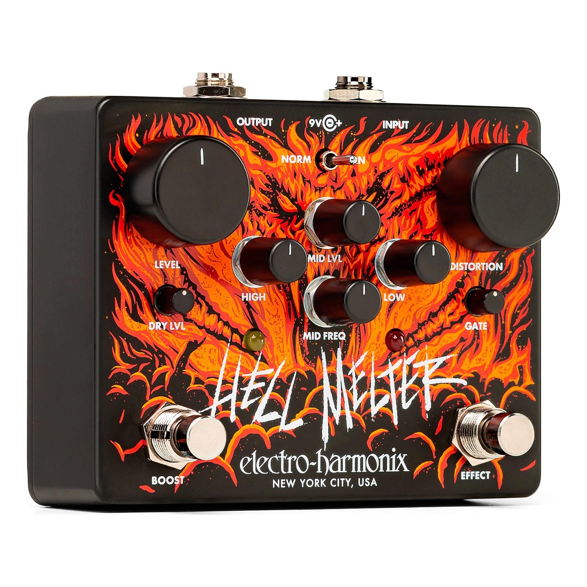 Phơ Distortion Electro-Harmonix Hell Melter - Hell Melter nhìn nghiêng từ bên trái, thấy footswitch BOOST