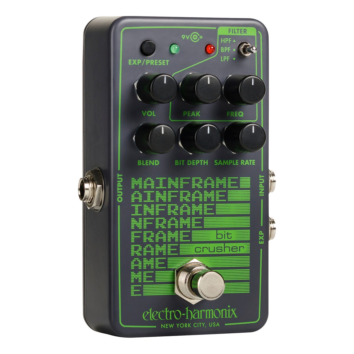 Electro-Harmonix Mainframe nhìn hơi nghiêng từ bên trái, thấy jack OUTPUT