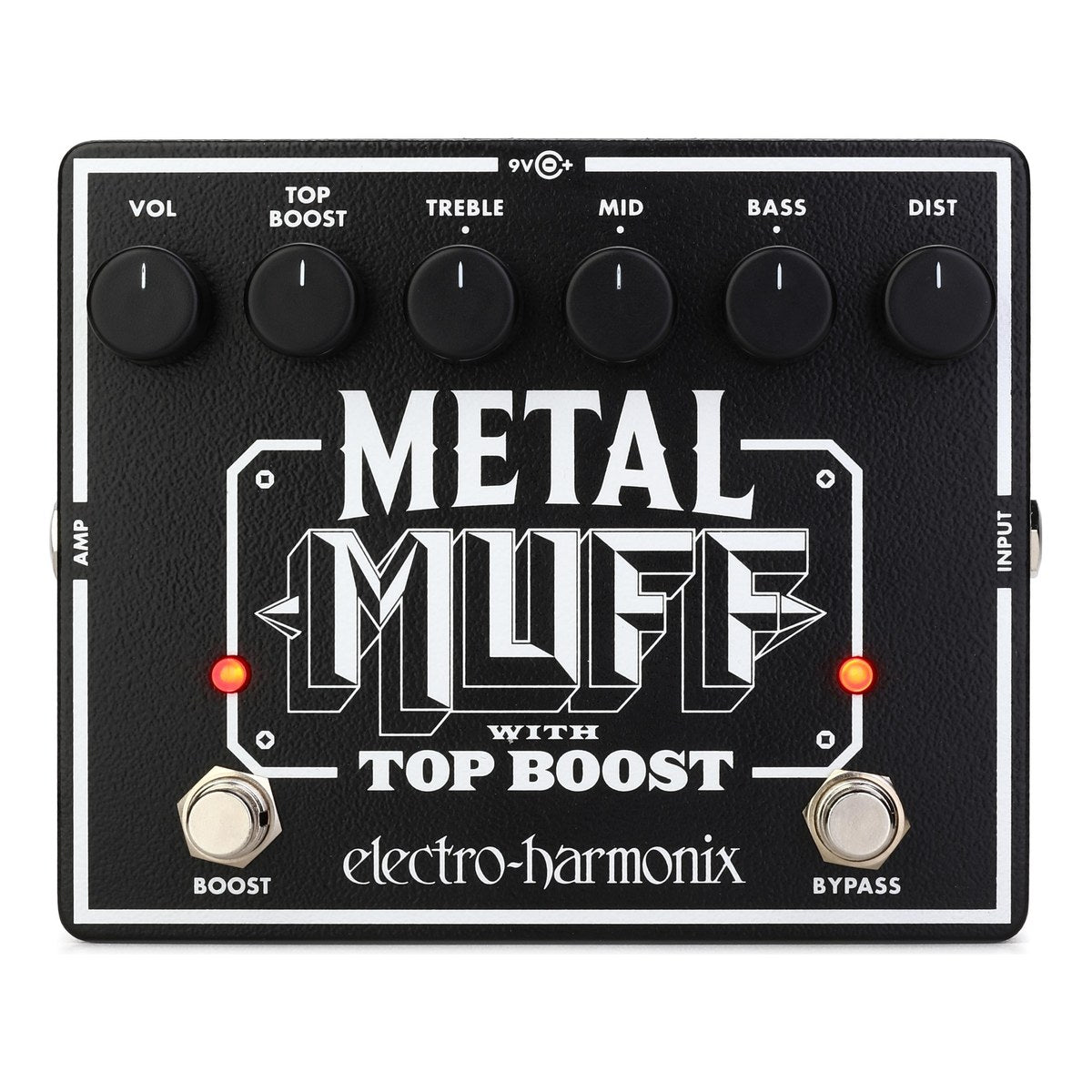 Chính diện Electro-Harmonix Metal Muff with Top Boost với 6 núm và hai footswitch BOOST, BYPASS