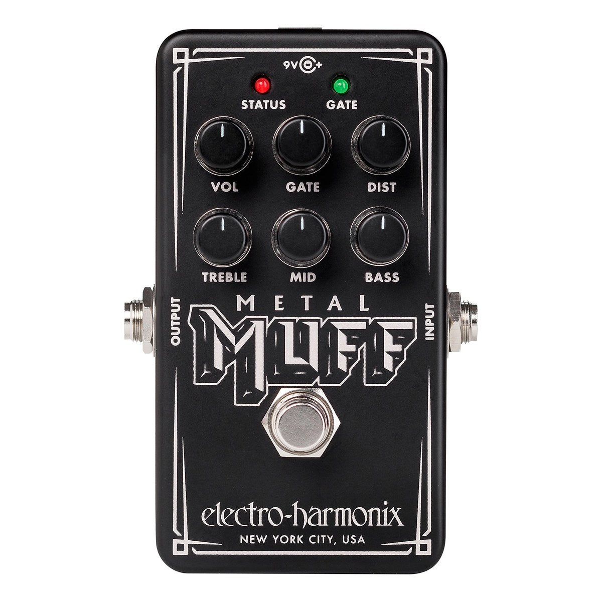 Chính diện Electro-Harmonix Nano Metal Muff với 6 núm VOL, GATE, DIST, TREBLE, MID, BASS và đèn STATUS, GATE