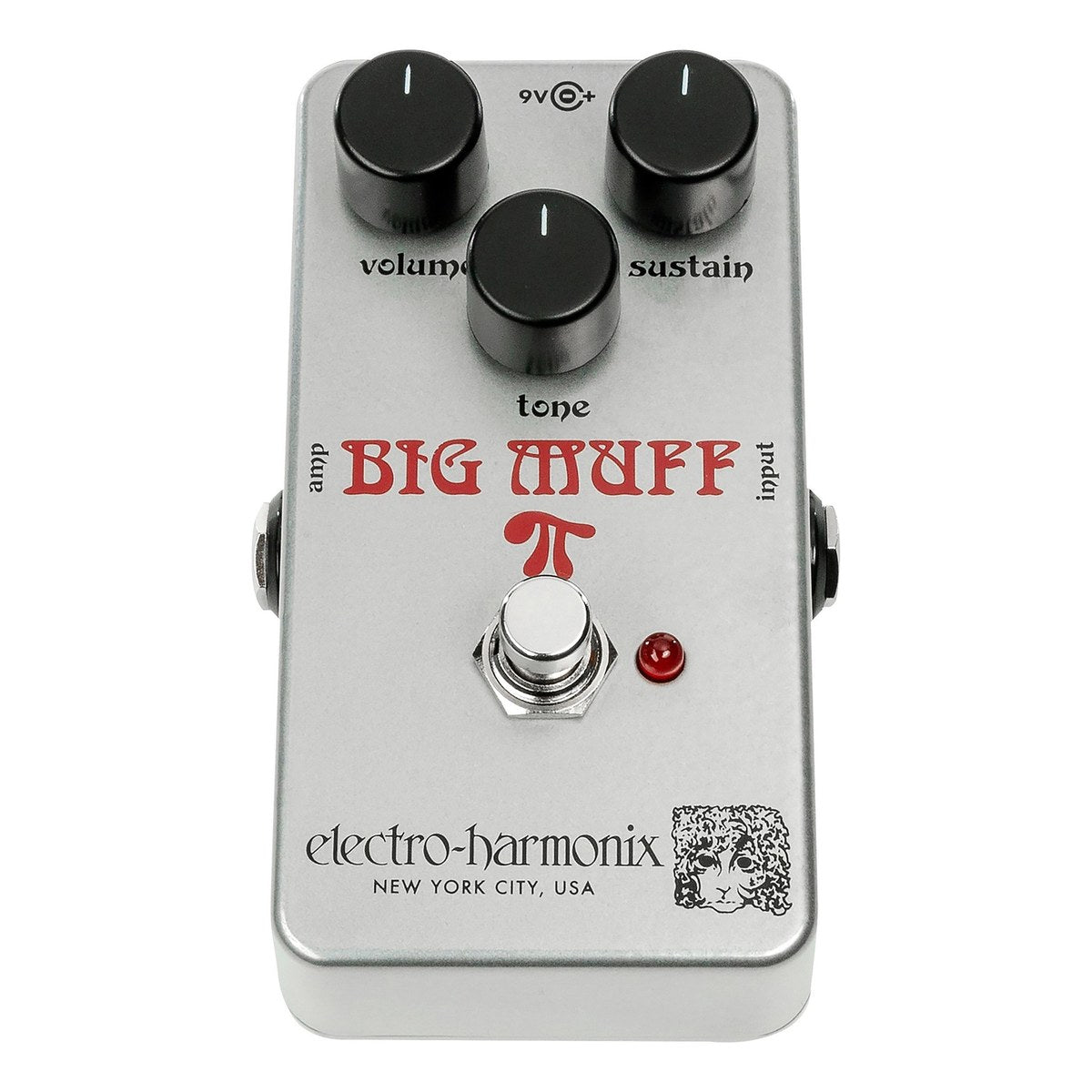 Chính diện Electro-Harmonix Ram's Head Big Muff Pi vỏ bạc chữ đỏ với 3 núm volume, sustain, tone