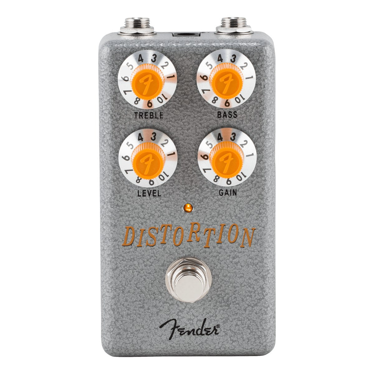 Fender Hammertone Distortion chính diện: vỏ sơn vân búa xám, 4 núm cam Treble, Bass, Level, Gain