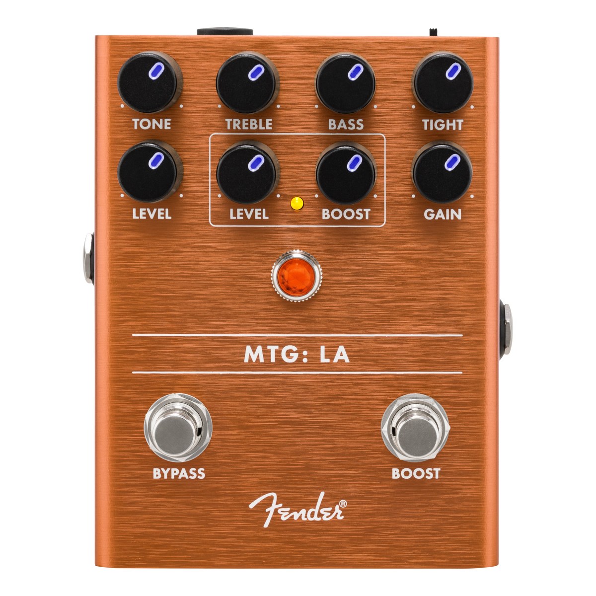 Phơ Distortion Fender MTG:LA Tube Distortion – mặt trên MTG:LA với núm Tone, Treble, Bass, Tight, Level, Gain, khung Boost và 2 footswitch