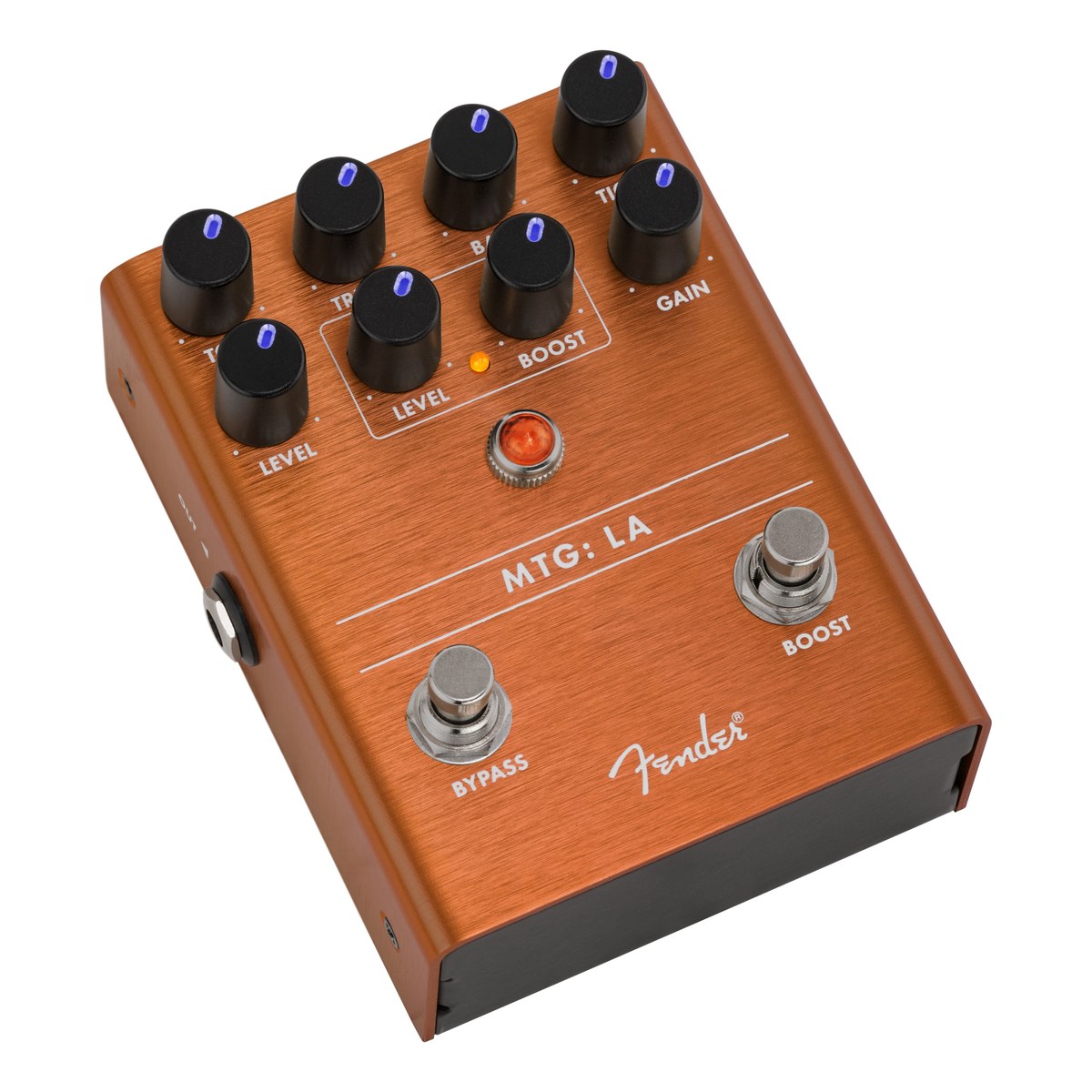 Phơ Distortion Fender MTG:LA Tube Distortion – góc chéo từ trên nhìn toàn bộ mặt pedal MTG:LA