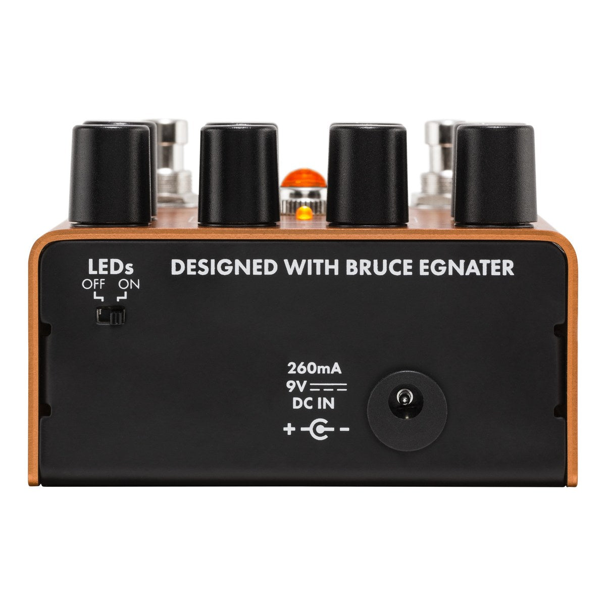 Phơ Distortion Fender MTG:LA Tube Distortion – đầu pedal với jack nguồn 9V DC 260mA và công tắc LEDs OFF/ON