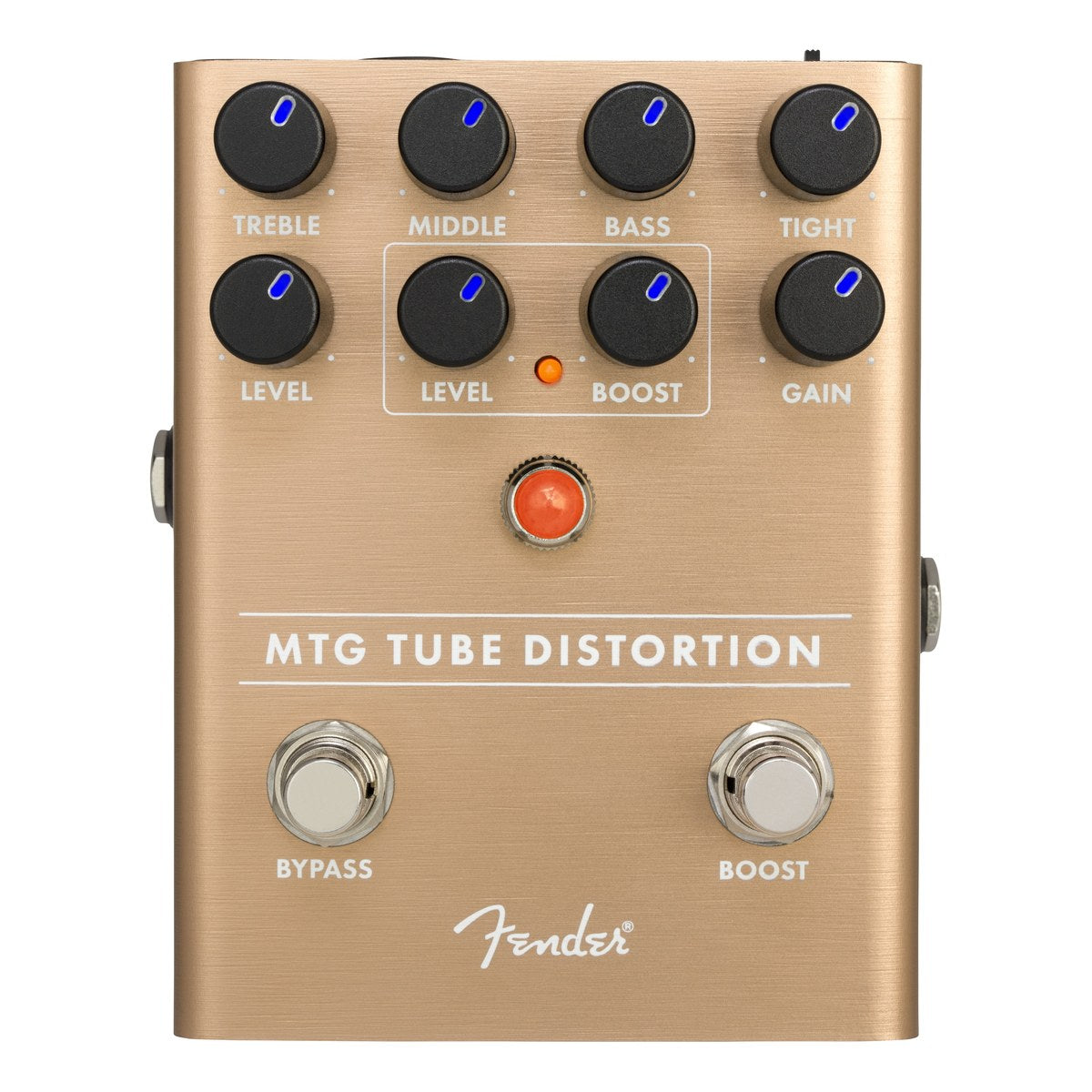 Phơ Distortion Fender MTG Tube Distortion – mặt trên MTG Tube Distortion với núm Treble, Middle, Bass, Tight, Level, Gain, khung Boost và 2 footswitch