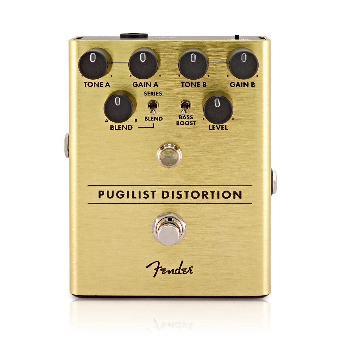 Phơ Distortion Fender Pugilist – mặt trên với 6 núm Tone/Gain A-B, Blend, Level và 2 công tắc gạt