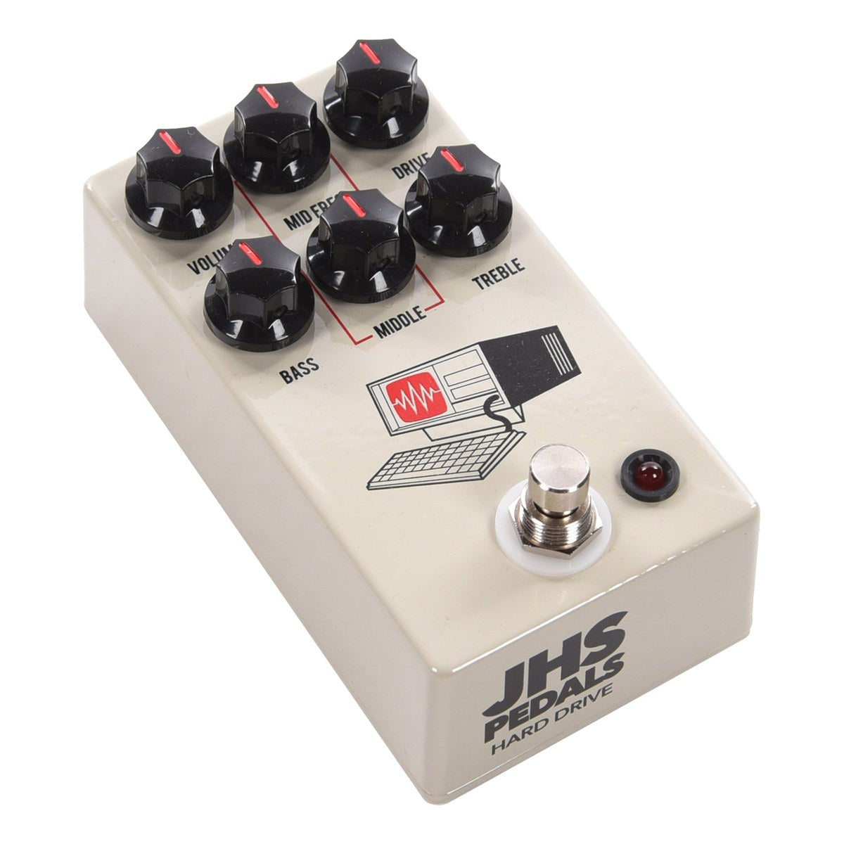 góc nghiêng JHS Hard Drive Tan thấy chữ JHS PEDALS HARD DRIVE in ở cạnh dưới