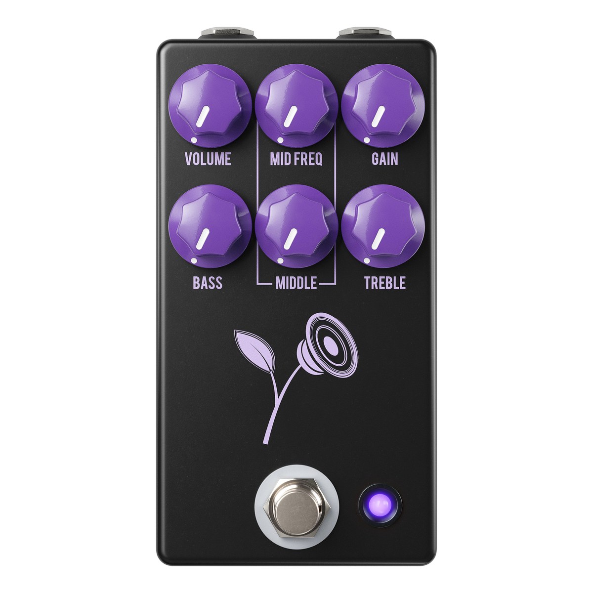 Mặt trên JHS Violet màu đen với 6 núm tím Volume, Mid Freq, Gain, Bass, Middle, Treble