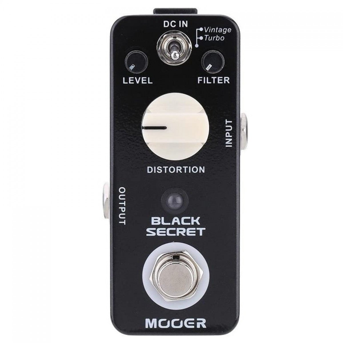 Phơ Distortion Mooer Black Secret – mặt trên: núm LEVEL, FILTER, DISTORTION, công tắc Vintage/Turbo
