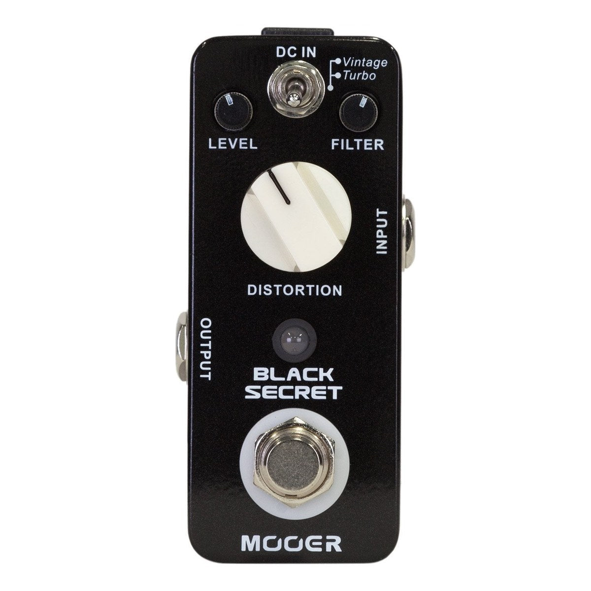 chính diện mặt trên Mooer Black Secret: núm DISTORTION màu kem, núm LEVEL, FILTER và công tắc Vintage/Turbo
