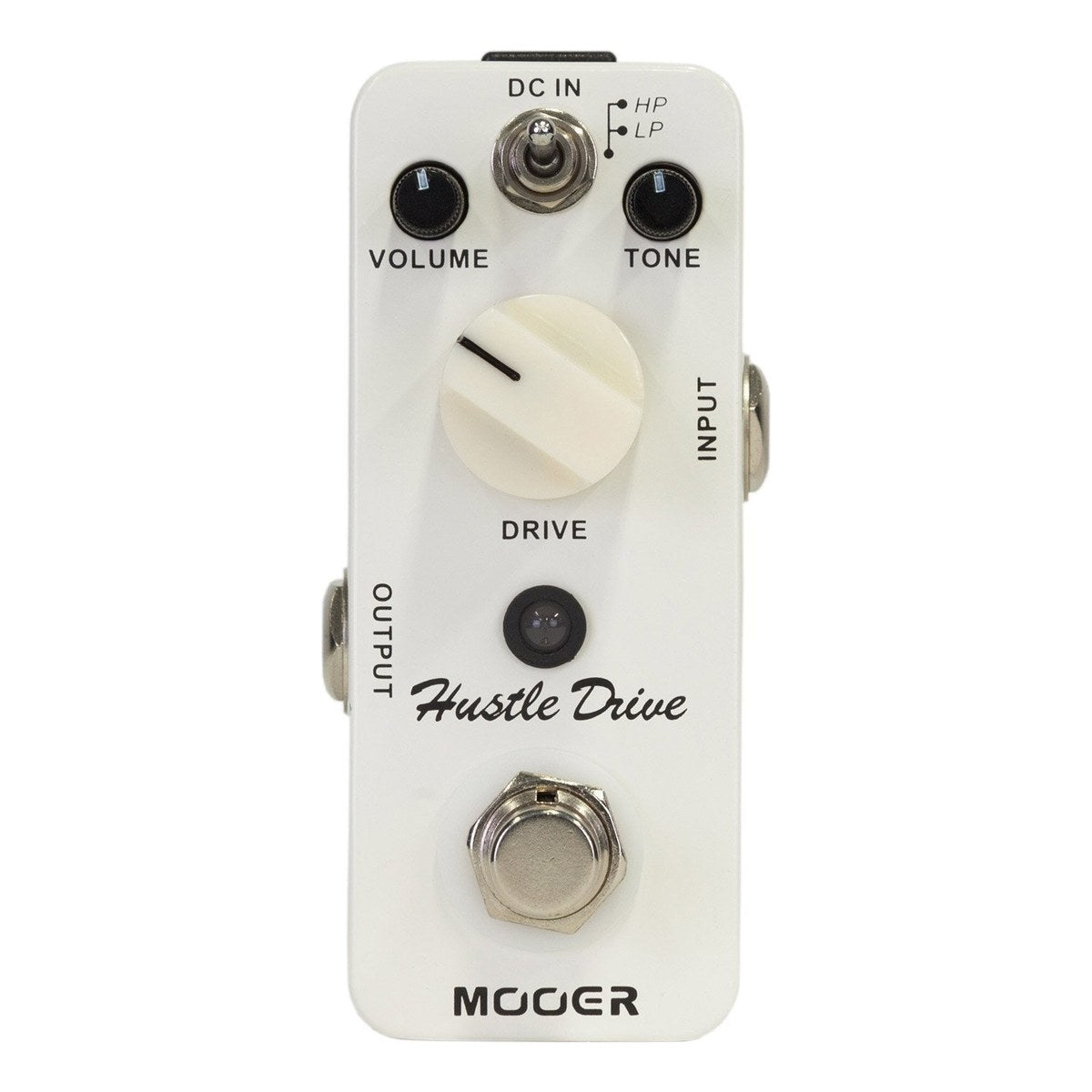 mặt trên chính diện Mooer Hustle Drive: núm DRIVE màu kem, hai núm VOLUME, TONE, công tắc HP/LP cạnh chữ DC IN