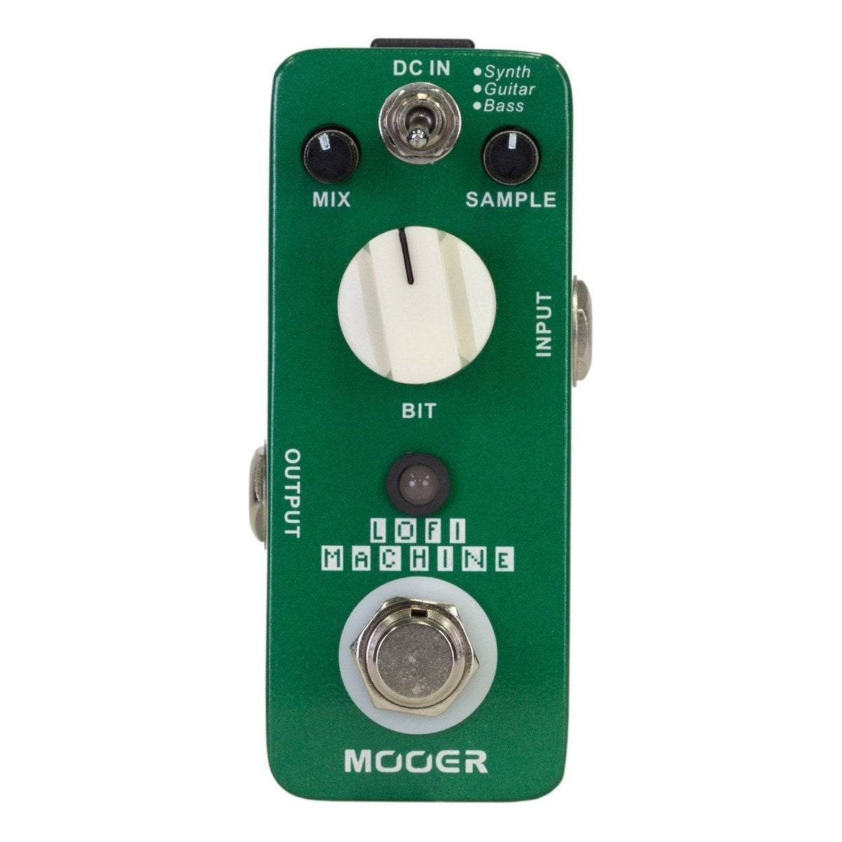 chính diện mặt trên Mooer Lofi Machine với núm BIT, MIX, SAMPLE và công tắc Synth/Guitar/Bass