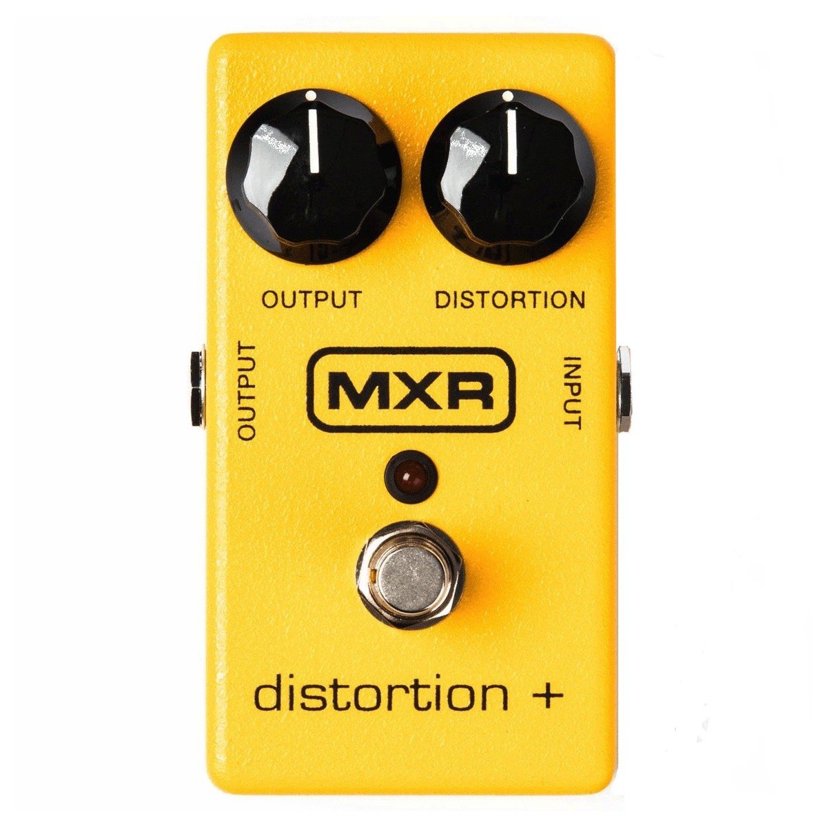 Phơ Distortion MXR M104 Distortion+ – mặt trên với 2 núm OUTPUT, DISTORTION, đèn LED và footswitch