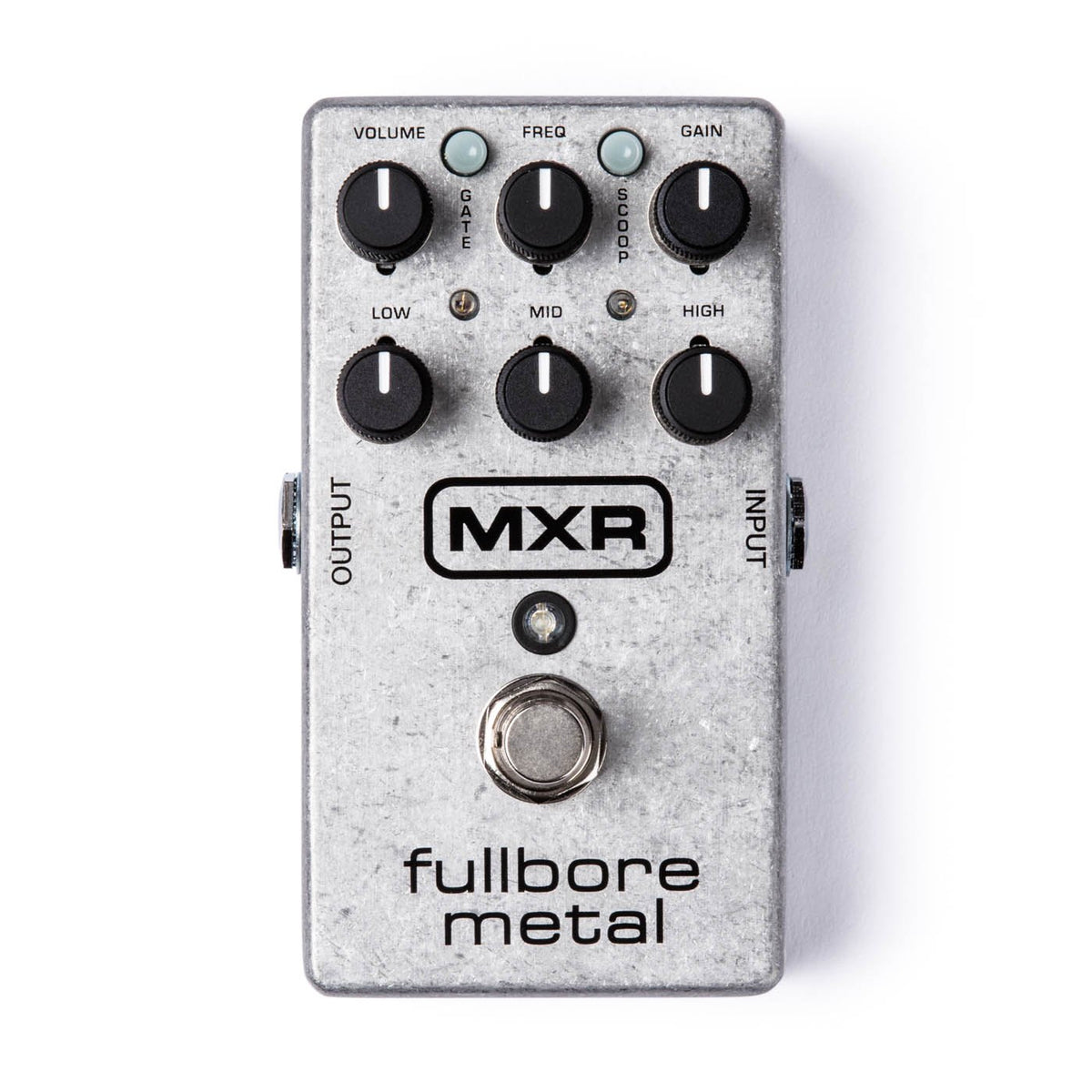 Phơ Distortion MXR M116 Fullbore Metal – mặt trên nhìn thẳng vỏ nhôm xám vân, núm VOLUME, FREQ, GAIN, LOW, MID, HIGH