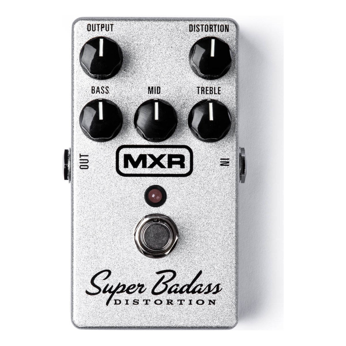 chính diện mặt trên MXR M75 Super Badass Distortion vỏ bạc với 5 núm OUTPUT, DISTORTION, BASS, MID, TREBLE