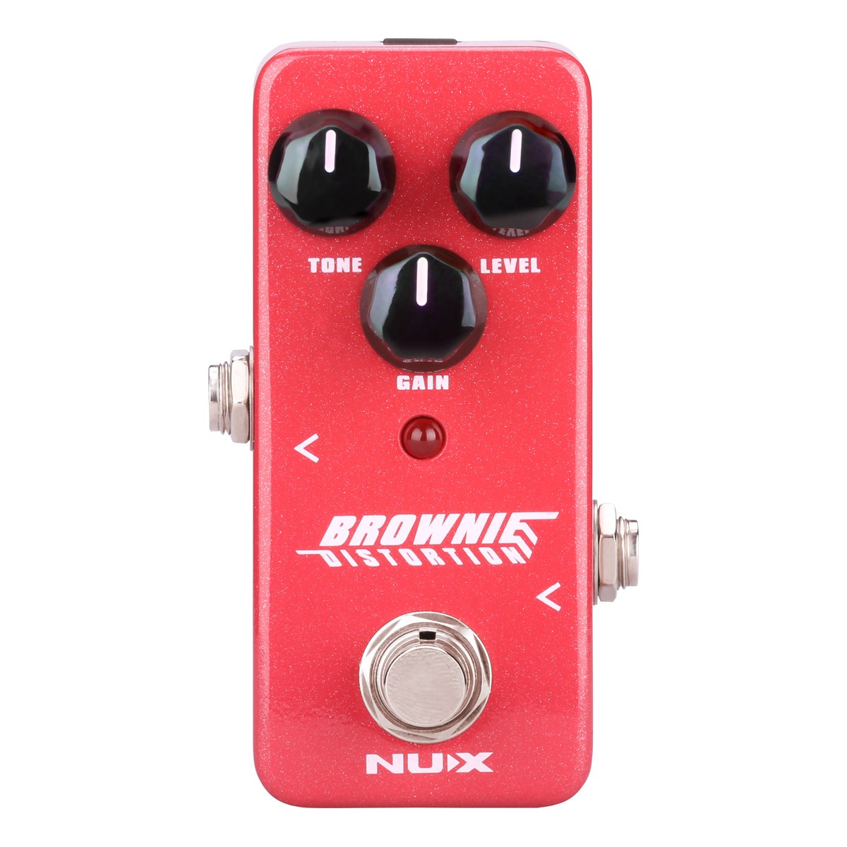 Chính diện NUX NDS-2 Brownie với ba núm TONE, LEVEL, GAIN và đèn LED