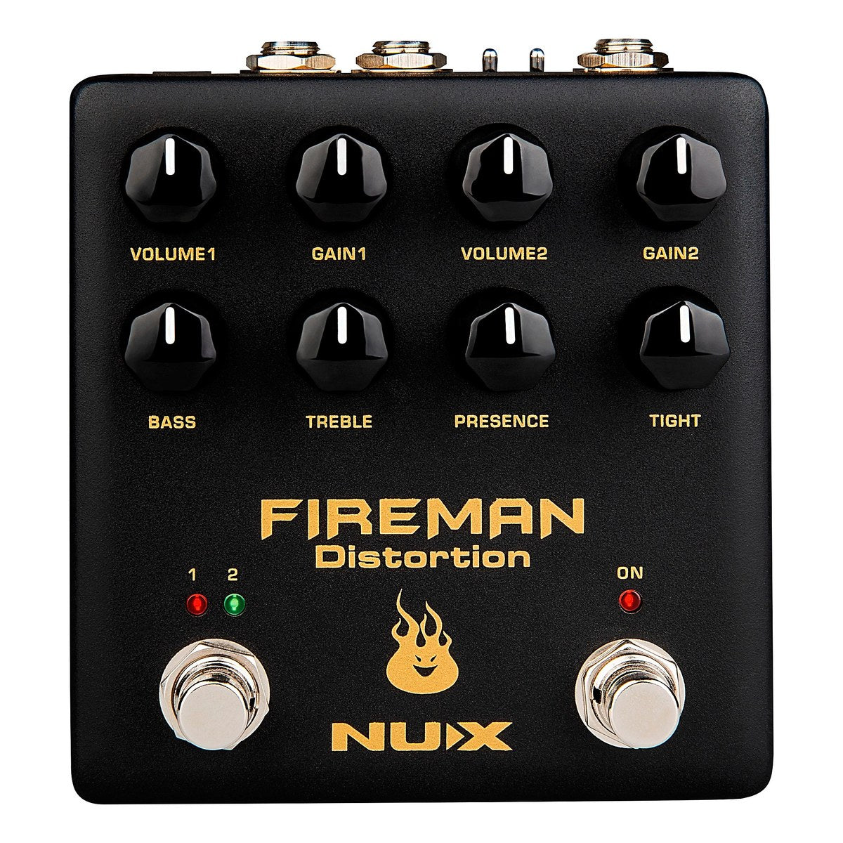 Chính diện NUX NDS-5 Fireman với 8 núm VOLUME1, GAIN1, VOLUME2, GAIN2, BASS, TREBLE, PRESENCE, TIGHT