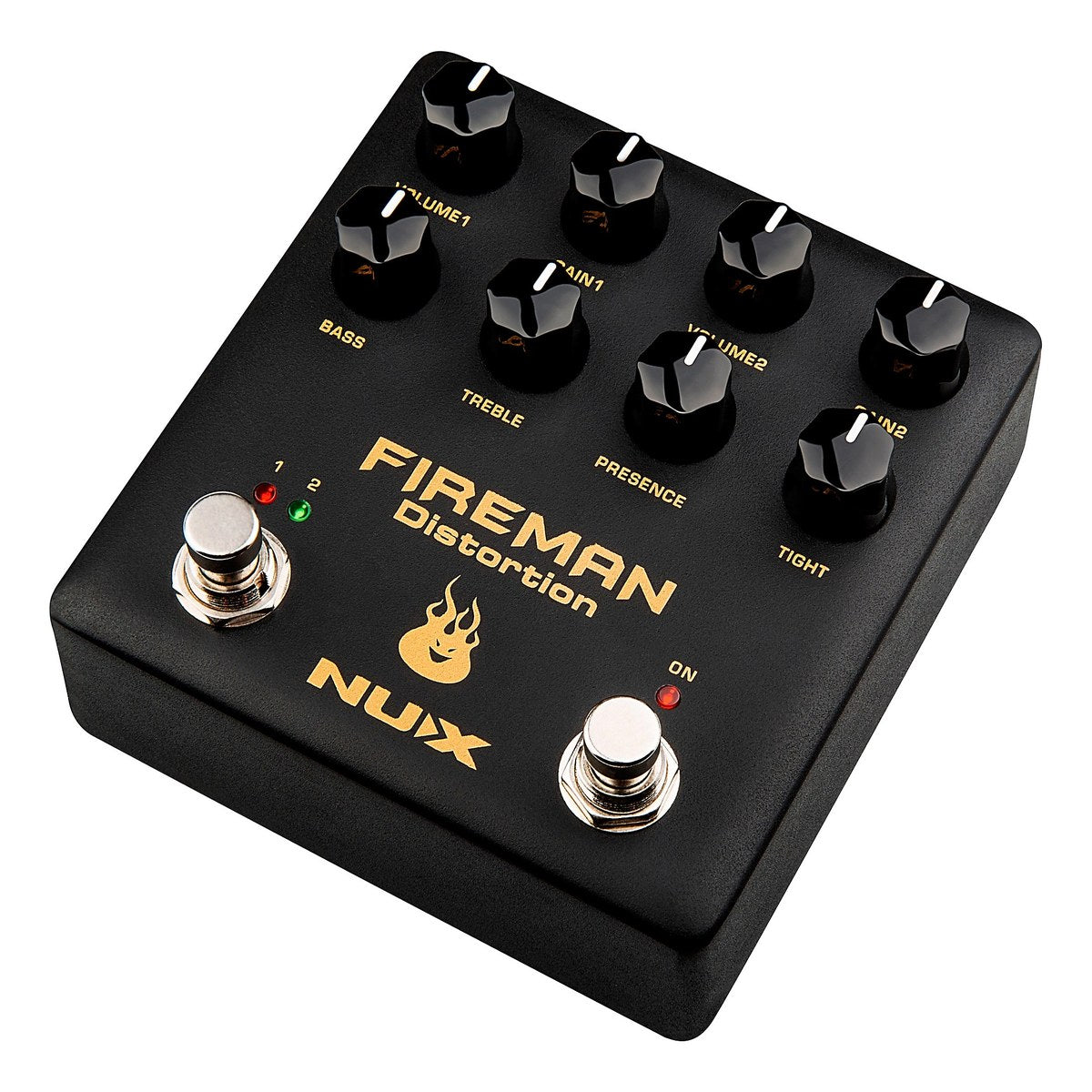NUX NDS-5 Fireman nhìn chéo từ bên trái, thấy footswitch 1/2 và đèn kênh