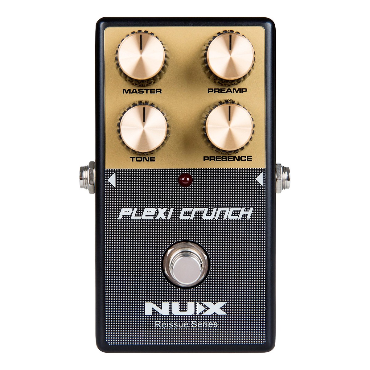 chính diện NUX Plexi Crunch với bốn núm MASTER, PREAMP, TONE, PRESENCE trên nền vàng đồng