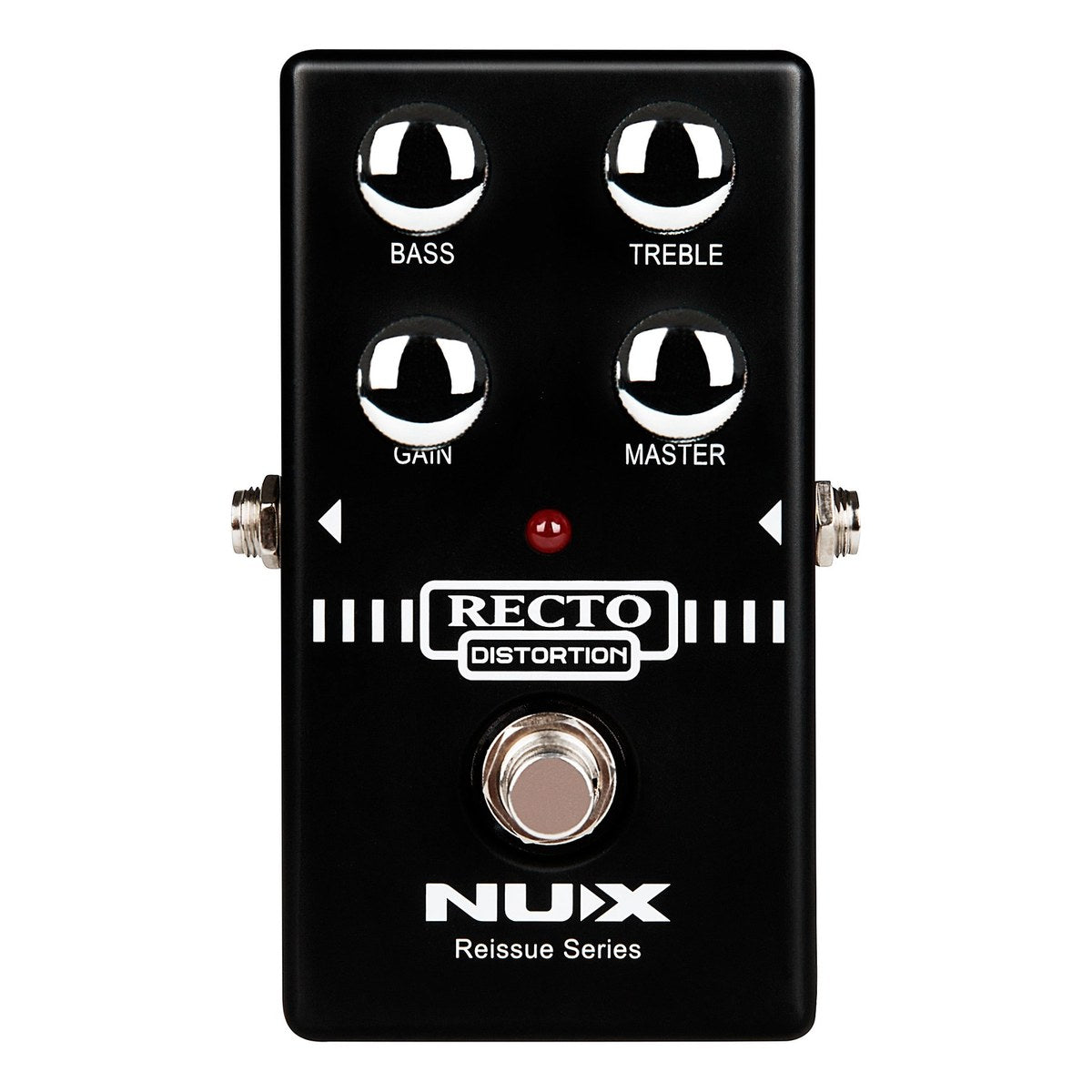 chính diện mặt trên NUX Recto Distortion với 4 núm BASS, TREBLE, GAIN, MASTER