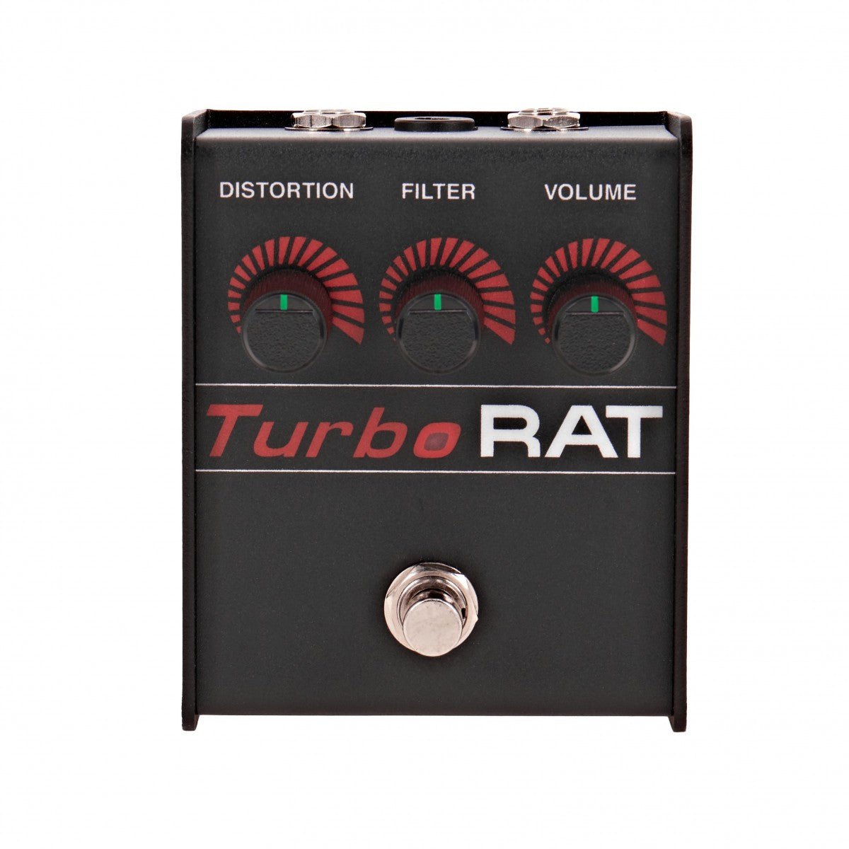 Phơ Distortion ProCo Turbo RAT – mặt trên với 3 núm DISTORTION, FILTER, VOLUME vạch đỏ