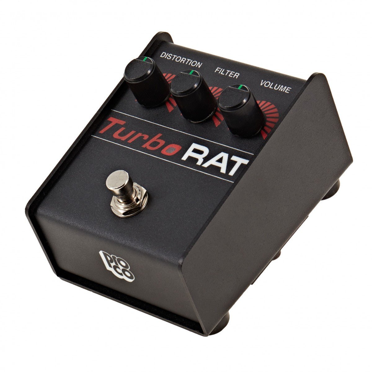 Phơ Distortion ProCo Turbo RAT – góc nghiêng 3/4, chữ Turbo màu đỏ và logo ProCo