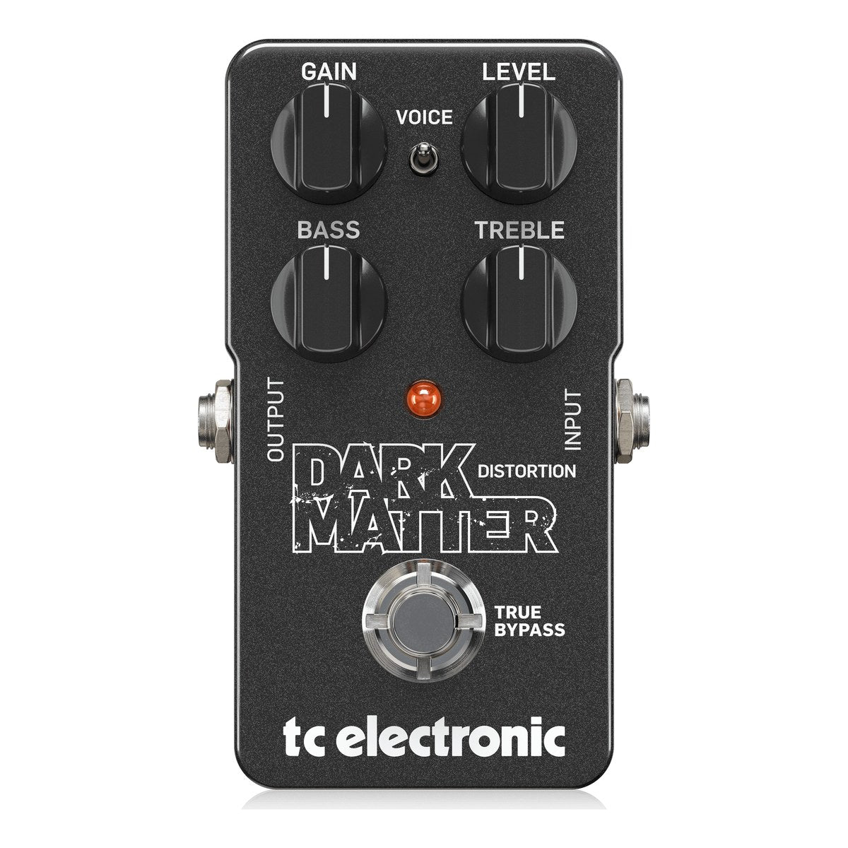 Mặt trên TC Electronic Dark Matter Distortion với 4 núm GAIN, LEVEL, BASS, TREBLE và công tắc VOICE