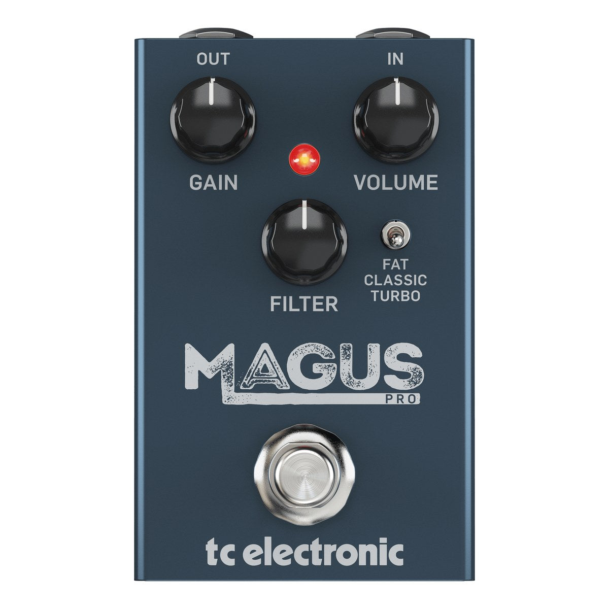 chính diện mặt trên TC Electronic Magus Pro: núm GAIN, VOLUME, FILTER, công tắc FAT/CLASSIC/TURBO và footswitch