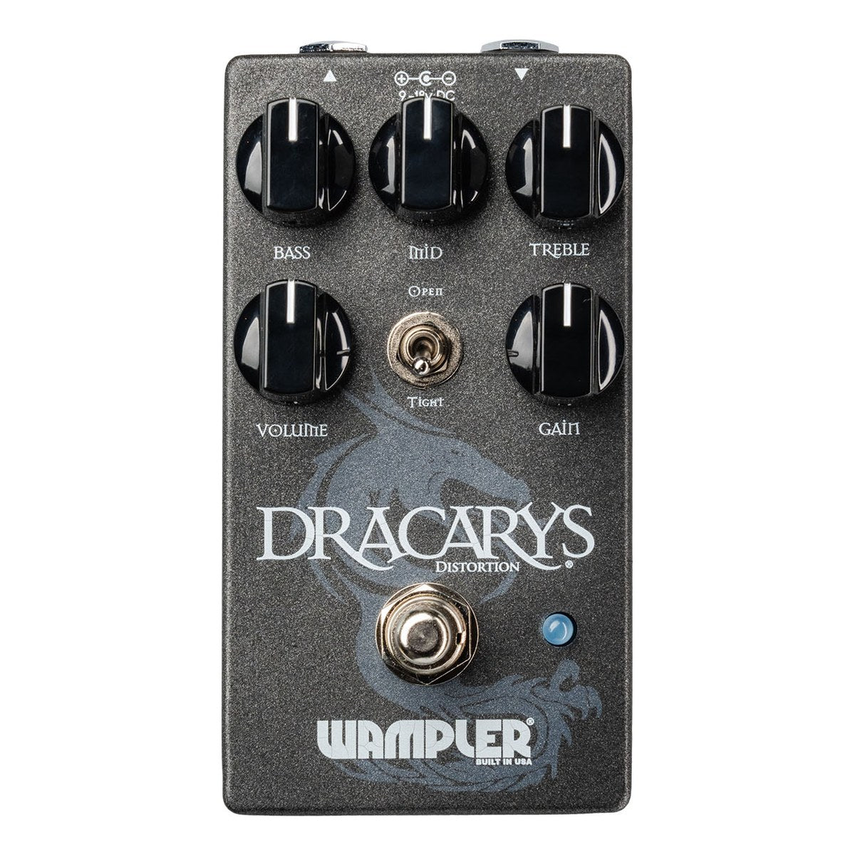 mặt trên Wampler Dracarys với 5 núm, công tắc Open/Tight và footswitch