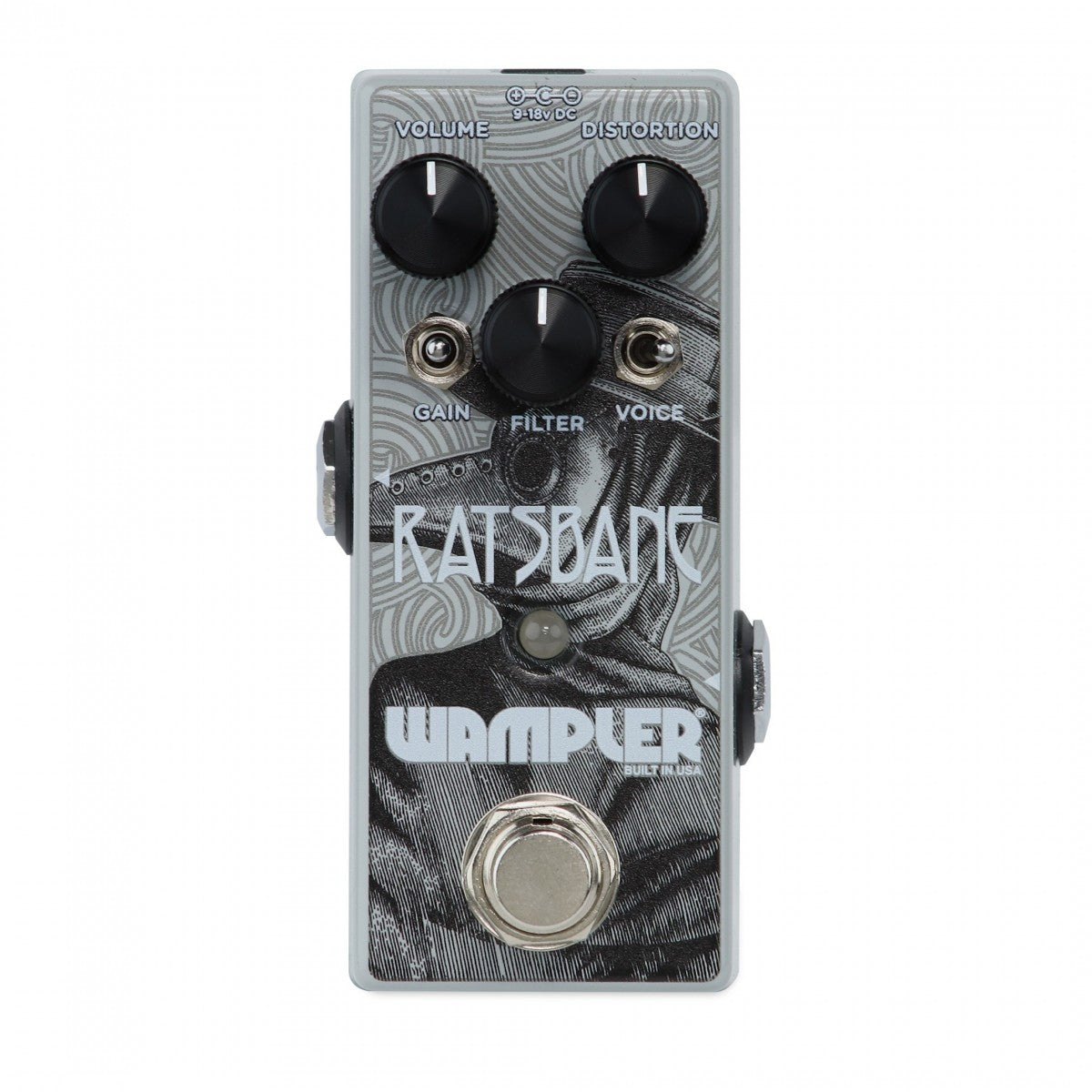 Phơ Distortion Wampler Ratsbane – mặt trên với núm VOLUME, DISTORTION, FILTER và 2 công tắc GAIN, VOICE