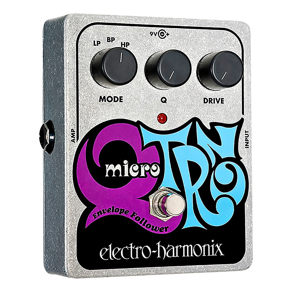 Phơ Envelope Filter Electro-Harmonix Micro Q-Tron – mặt trên Micro Q-Tron nền trắng với núm MODE, Q, DRIVE và công tắc chân