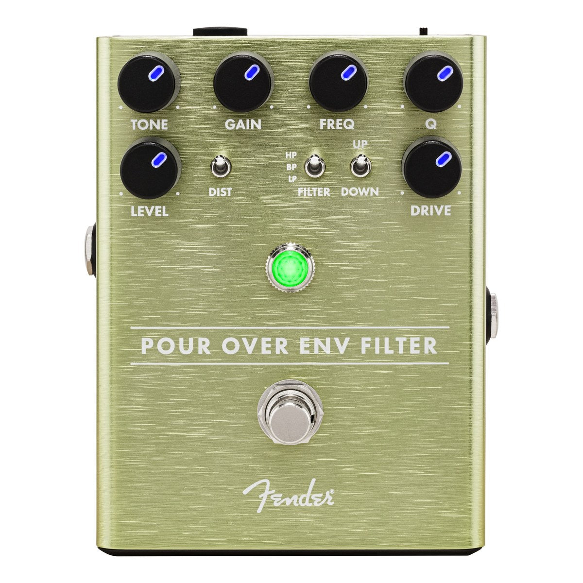 Phơ Envelope Filter Fender Pour Over Envelope Filter – mặt trên Pour Over với núm Tone, Gain, Freq, Q, Level, Drive và các công tắc Dist, Filter, Up/Down