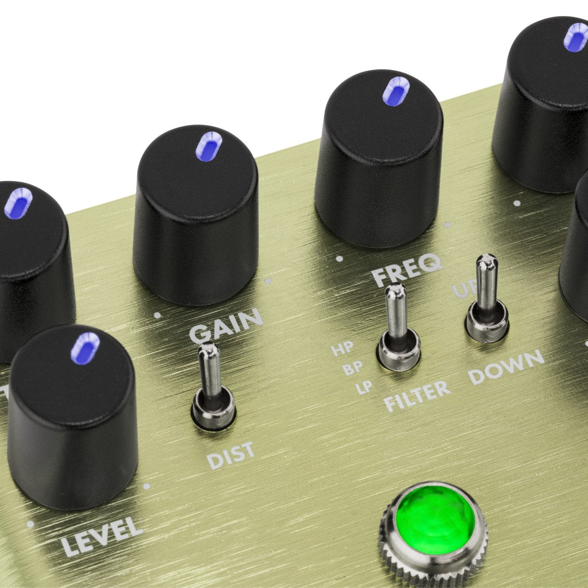 Phơ Envelope Filter Fender Pour Over Envelope Filter – cận cảnh núm và công tắc Dist, Filter HP/BP/LP, Up/Down