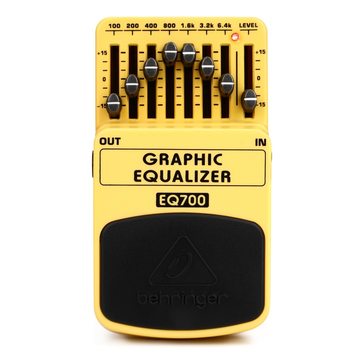 Behringer EQ700 chụp thật mặt trên: bảy cần gạt 100 Hz đến 6.4k và cần LEVEL