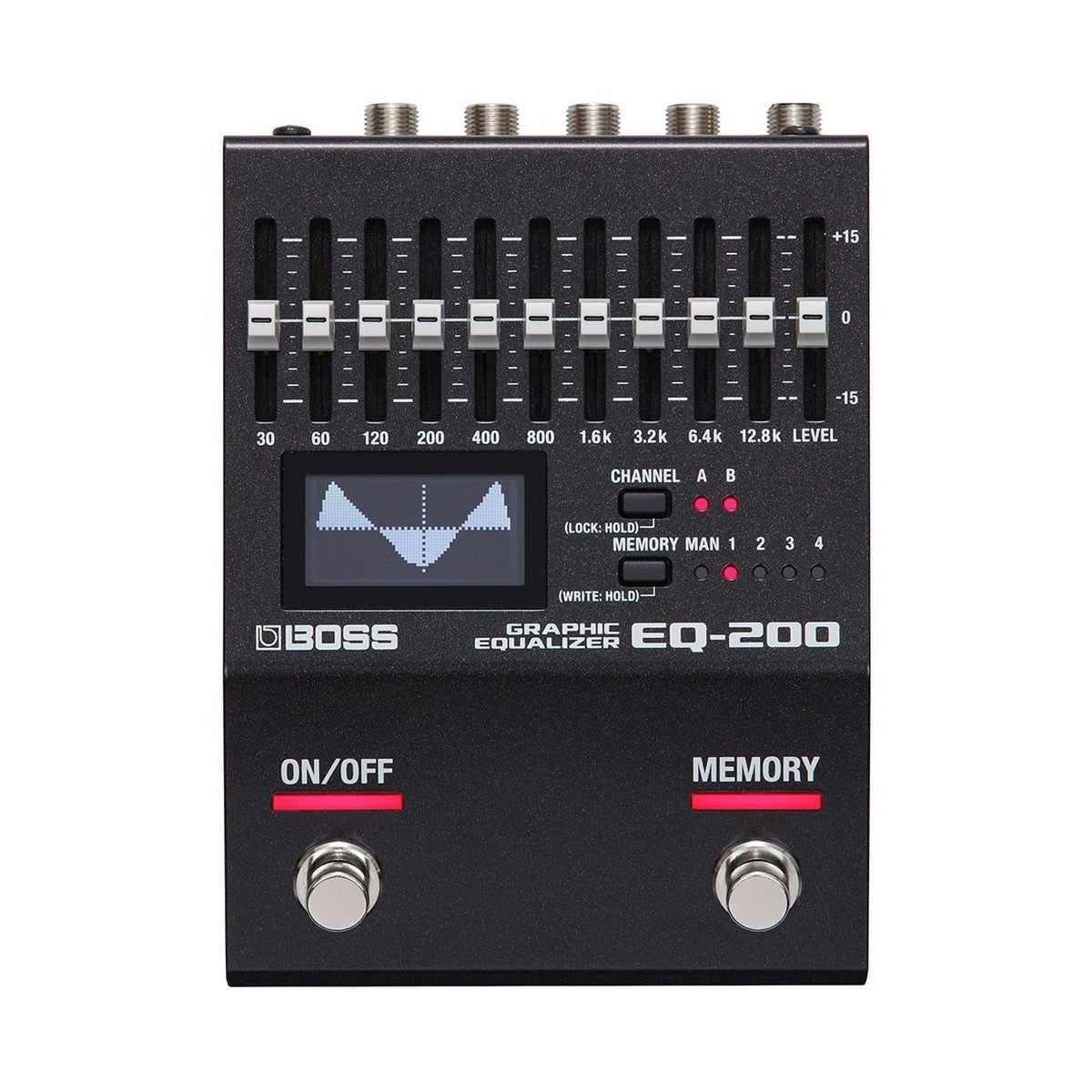 Phơ EQ BOSS EQ-200 Graphic Equalizer – mặt trên với 10 cần gạt EQ, màn hình và công tắc ON/OFF, MEMORY