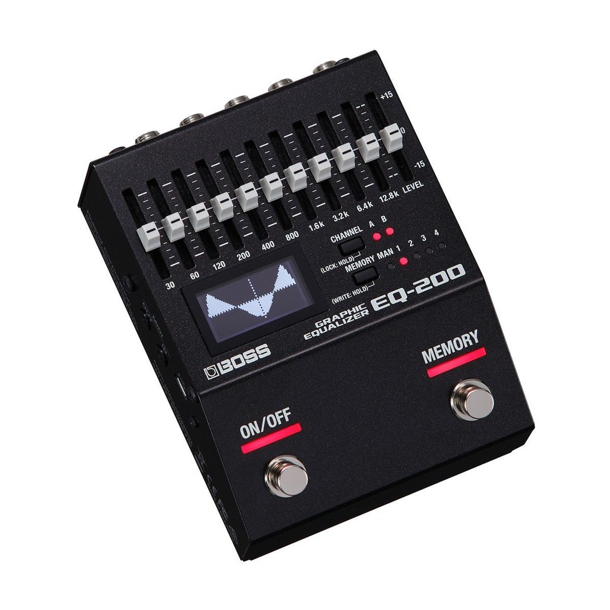 Phơ EQ BOSS EQ-200 Graphic Equalizer – góc nghiêng 3/4 thấy thanh trượt LEVEL và nút CHANNEL A/B