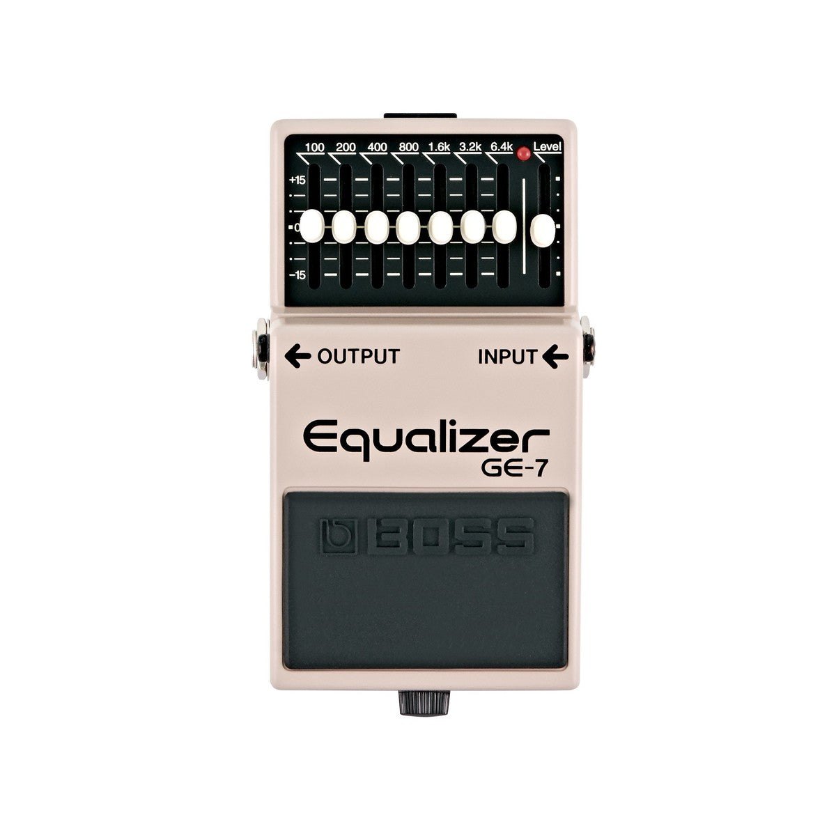 Phơ EQ BOSS GE-7 Equalizer – mặt trên với 7 cần gạt tần số 100Hz–6.4kHz và cần LEVEL