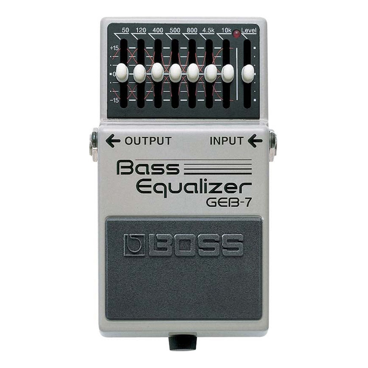 Phơ EQ BOSS GEB-7 Bass Equalizer – mặt trên Boss GEB-7 với 7 cần gạt EQ và cần LEVEL