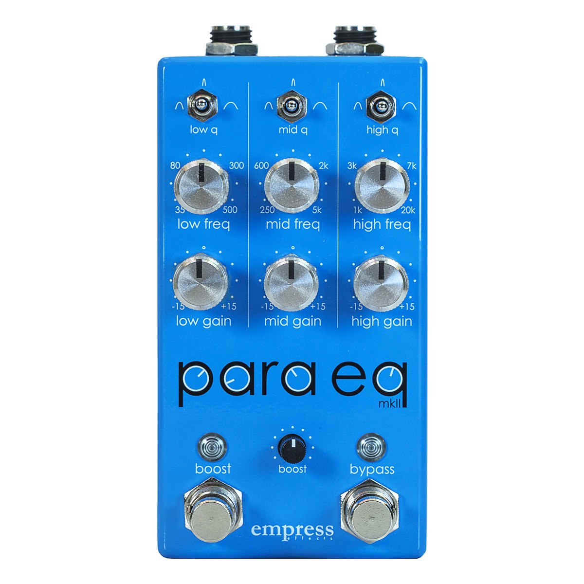 Phơ EQ Empress Effects ParaEq MKII – mặt trên với 3 dải low, mid, high và nút boost, bypass