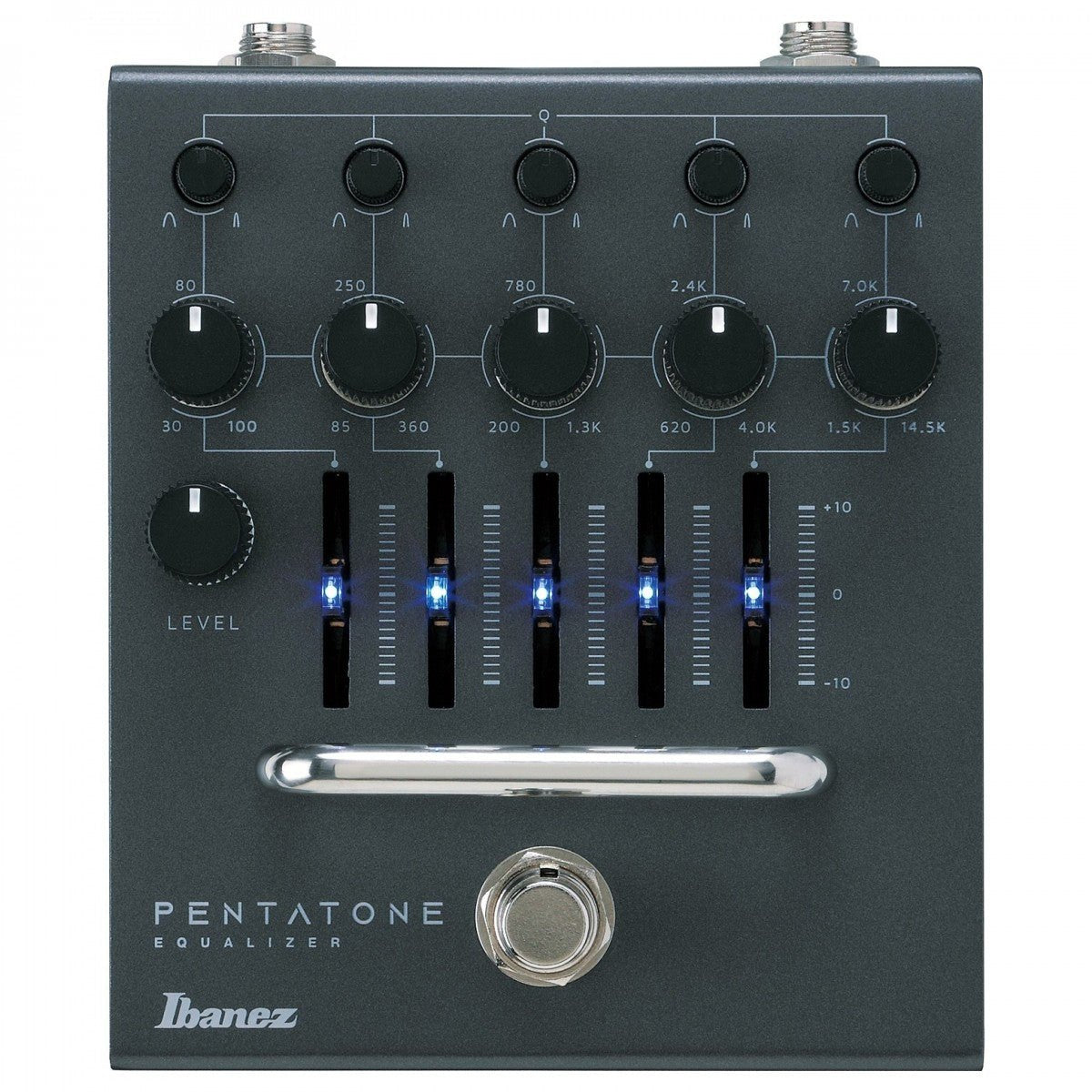 Phơ EQ Ibanez PTEQ Pentatone Equalizer – mặt trên với 5 núm chọn tần số, 5 cần gạt EQ và núm LEVEL