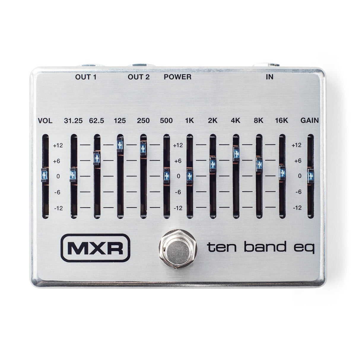 Phơ EQ MXR M108S Ten Band EQ – mặt trên nhìn thẳng, vỏ bạc với dải tần 31.25 Hz–16 kHz và nhãn OUT 1, OUT 2, IN